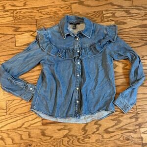 Forever 21 Long Sleeve Denim Blouse Size S Women's Pearl Snap Ruffled Western